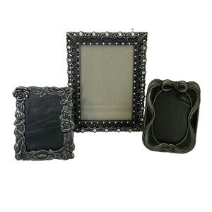 Lot of 3 Small Dark Silvertone Ornate Picture Frames Tabletop Stand